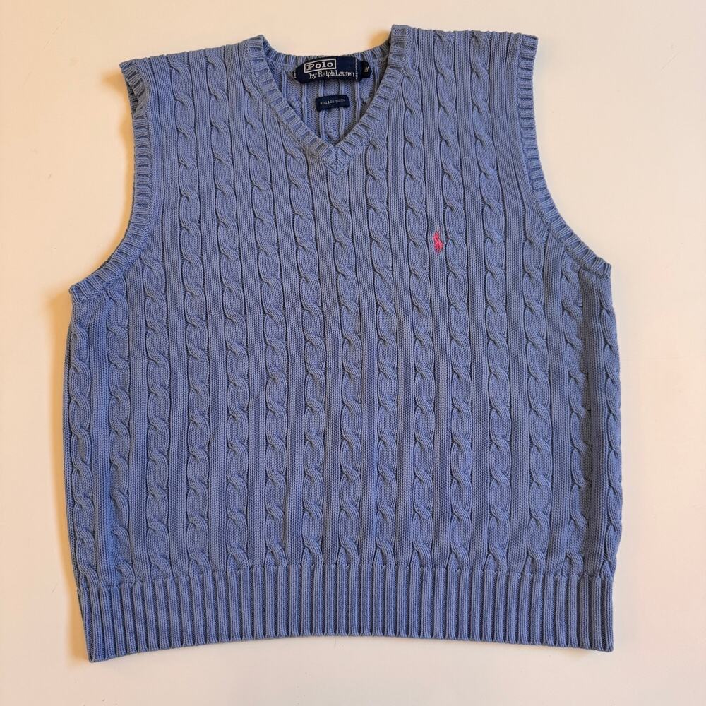 Polo Ralph Lauren Cable Knit V Neck Sweater Vest Preppy Blue Medium Academia